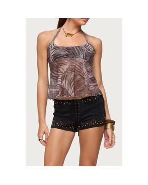 Edikted Tiger Print Mesh Halter Top - Black