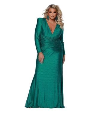 Johnathan Kayne for Sydneys Closet Ruched Long Sleeve V-Neck Plus Size Evening Gown - Green