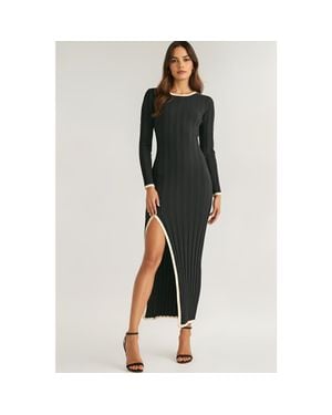 Modenaire Ribbed Knit Long Sleeve Midi Dress With Contrast Trim And Side Slit - Black