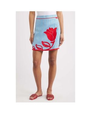 FARM Rio Sky Stripes Floral Appliqué Linen Blend Wrap Miniskirt - Red