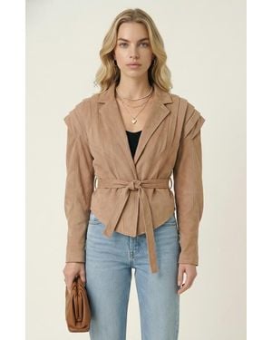 Modenaire Structured Belted Pleated Shoulder Jacket - Blue