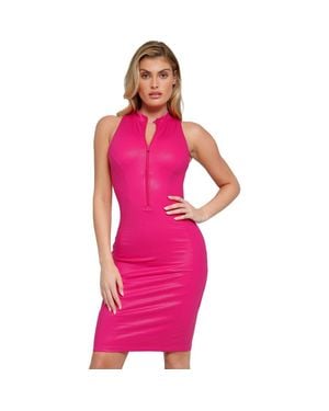 Popilush Shapewear Sculpting Faux Leather Zip Front Midi Dress in Red | Lyst