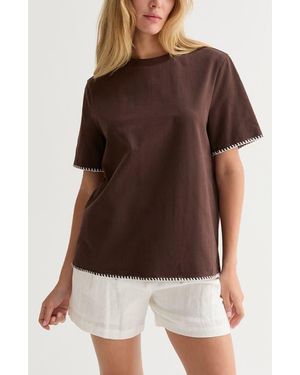 Crescent Blanket Stitch Boxy T-Shirt - Brown