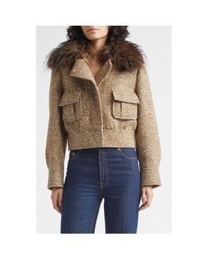 Zimmermann Valiant Crop Faux Fur Collar Herringbone Jacket - Blue