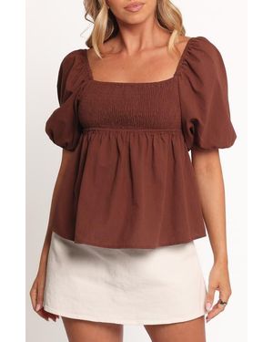 Petal & Pup Jemima Puff Sleeve Smocked Cotton Babydoll Top - Brown