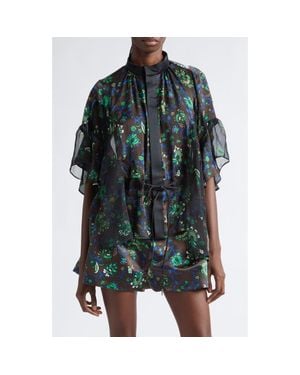 Sacai Floral Print Drawstring Button-Up Shirt - Green