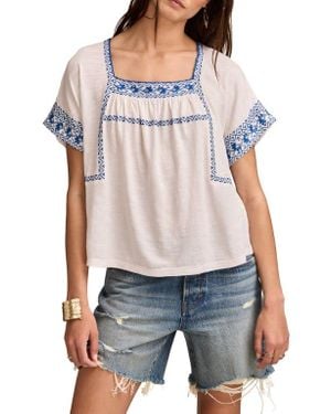 Lucky Brand Embroidered Short Sleeve Cotton Peasant Top - Gray