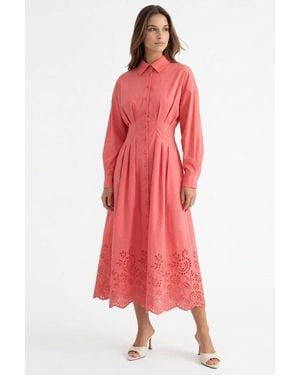 Exquise Faun Shirt Collar Long Sleeve Embroidered Midi Dress