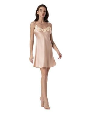SILKSILKY Mulberry Silk V-Back Lace Nightgown Slip Dress - Natural
