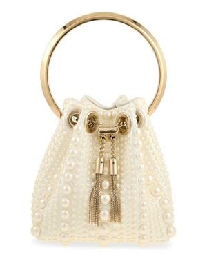 Jimmy Choo Micro Bon Bon Faux Pearl Embellished Satin Top Handle Pouch - Natural