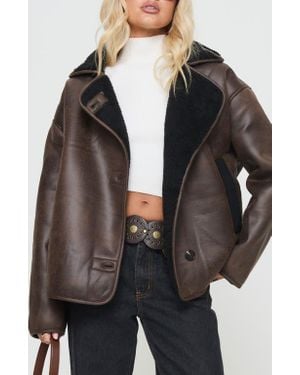 Princess Polly Nunez Water Repellent Faux Shearling Lined Faux Leather Jacket - Black