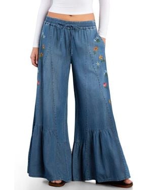 Billy T Embroidered Butterfly Drawstring Wide Leg Jeans - Blue