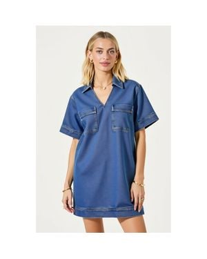 Modenaire Denim Mini Short Sleeve Chest Patch Pocket Shirt Dress - Blue