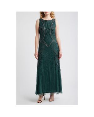 Pisarro Nights Beaded Chevron Sleeveless A-Line Gown - Green