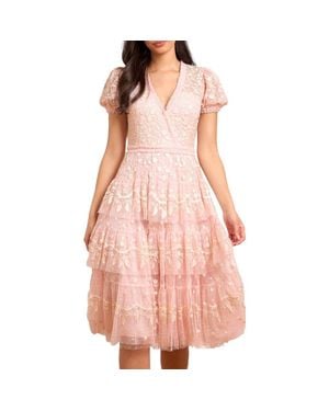 Needle & Thread Layered Lace V-Neck Midi Dress - Pink