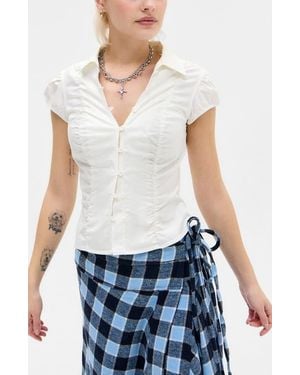 BDG Nadine Stripe Ruched Seam Button-Up Top - White