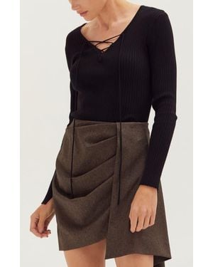 Crescent Lace Up Ribbed Knit Top - Black