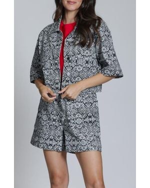 Apny Floral Print Short Sleeve Denim Jacket - Gray
