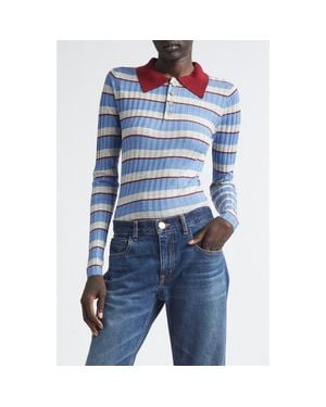 Brandon Maxwell The Joni Stripe Rib Silk & Cashmere Polo Sweater - Blue