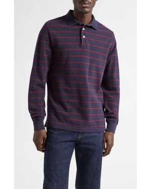 Noah Stripe Long Sleeve Cotton Piqué Polo - Blue