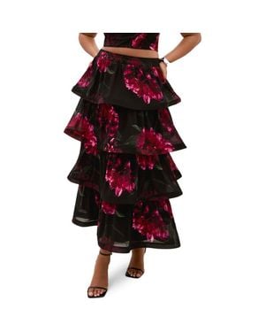 City Chic Bianka Floral Print Ruffle Skirt - Red