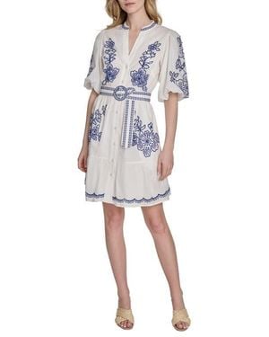 Eliza J Embroidered Puff Sleeve Cotton Shirtdress - White