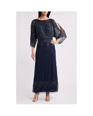 Pisarro Nights Beaded Cold Shoulder Blouson Cocktail Dress - Blue