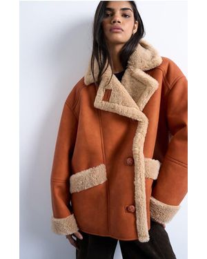 TOPSHOP Faux Shearling Oversize Car Coat - Brown