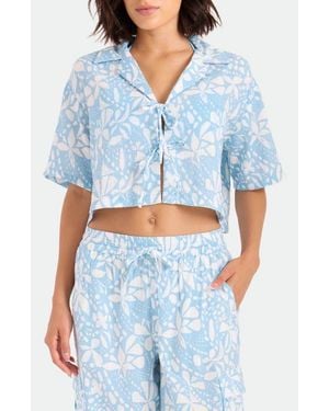 Volcom Tie Front Crop Cotton Cover-Up Shirt - Blue