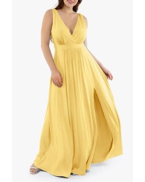 Popilush Shapewear Deep V-Neck Front Slit Goddess Maxi Dress - Yellow