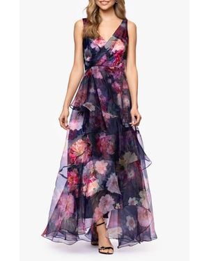 Betsy & Adam Floral Organza Gown - Purple