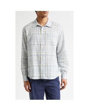 Palmes Plaid Wrinkle Cotton & Linen Blend Button-Up Shirt - Blue