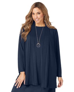Jessica London Stretch Knit Open Front Knit Topper - Blue
