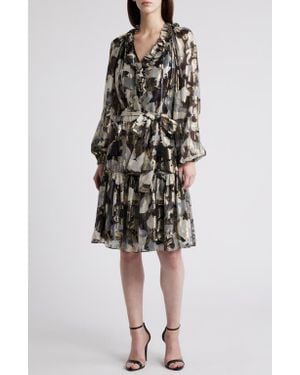 Kobi Halperin Jenson Metallic Ruffle Long Sleeve Silk Dress - Multicolor