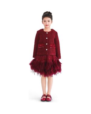 Tulle Tweed Button-Up Jacket - Red
