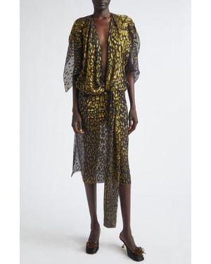 Ferragamo Plunge Neck Belted Devoré Silk Blend Georgette Dress - Green