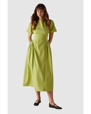 Warehouse Seersucker Puff Sleeve Midi Dress - Green