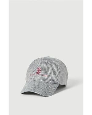 Brunello Cucinelli Alpaca, Wool And Silk Chevron Baseball Cap With Embroidered Logo - Gray