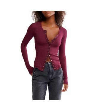 Free People Going Places Pointelle Stitch Snap Front Top - Red