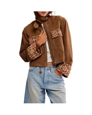 Free People Bali Fading Moon Crop Suede Jacket - Brown