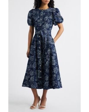 FREEMARKET Belted Puff Sleeve Denim Dress - Blue