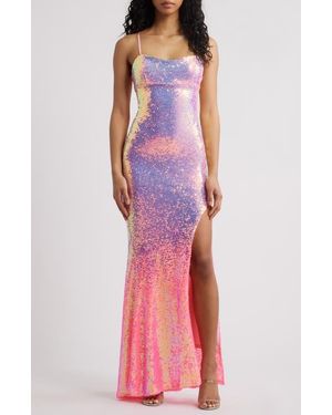 Jump Apparel Ombré Sequin Lace-Up Back Gown - Pink