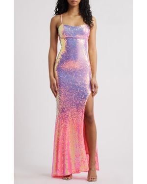 Jump Apparel Ombré Sequin Lace-Up Back Gown - Pink