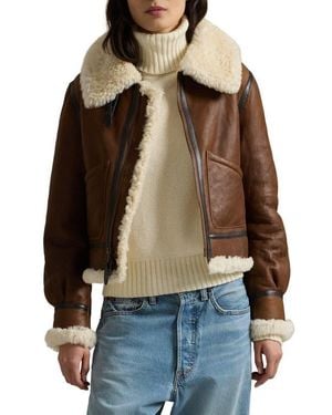 Polo Ralph Lauren Genuine Shearling Trim Leather Aviator Jacket - Black