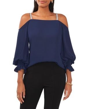 Chaus Rhinestone Trim Cold Shoulder Top - Blue