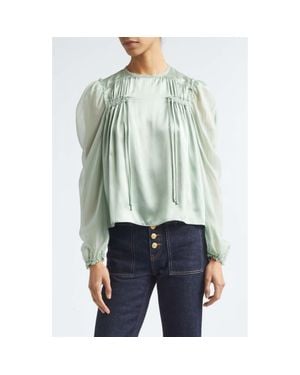 Ulla Johnson Odette Pleated Silk Sheer Balloon Sleeve Top - Green