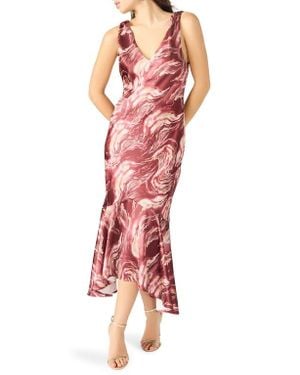 Steve Madden Cade Marbleized Print Satin High-Low Dress - Red