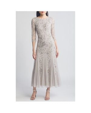 Pisarro Nights Floral Beaded Tulle Gown - Gray