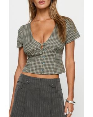 Princess Polly Isolda Check Cotton Button-Up Top - Gray