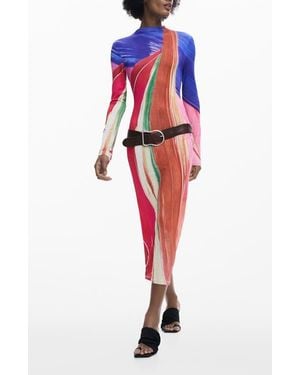 Desigual Mock Neck Long Sleeve Midi Dress - Red
